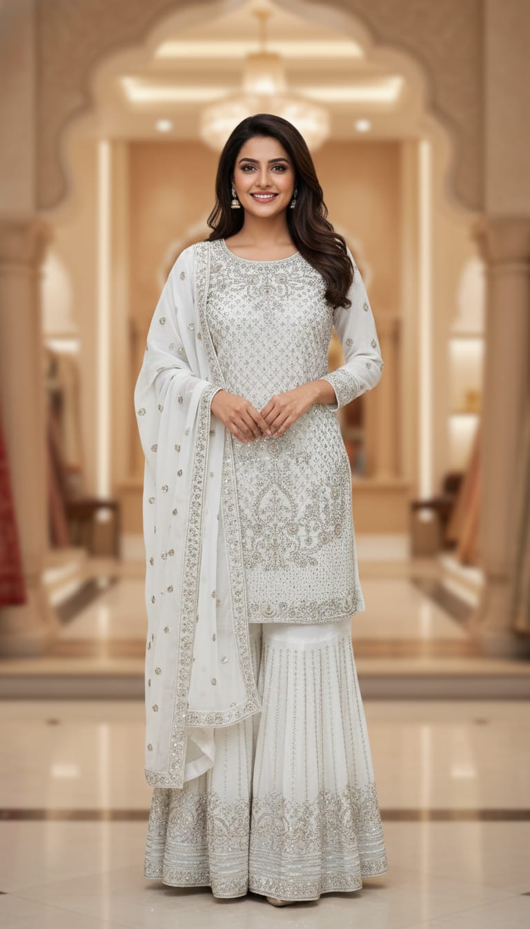 Elegant White Silver Embroidered Sharara Suit Set in Berlin – fehmo