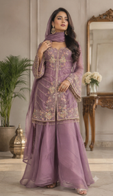 Luxury Lilac Embroidered Pakistani Designer Suit with Organza Dupatta
