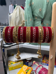Royal Maroon Velvet Bridal Chura Set with Mirror Work & Latkan