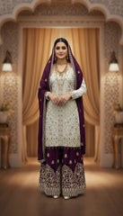 Royal Plum & Ivory Embroidered Sharara Set in Berlin