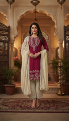 Wine Red Embroidered Kurta Set in Berlin