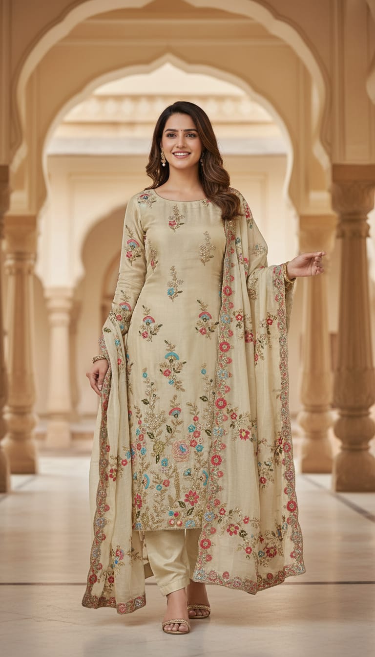 Beige Floral Embroidered Straight Kurta Set in Berlin