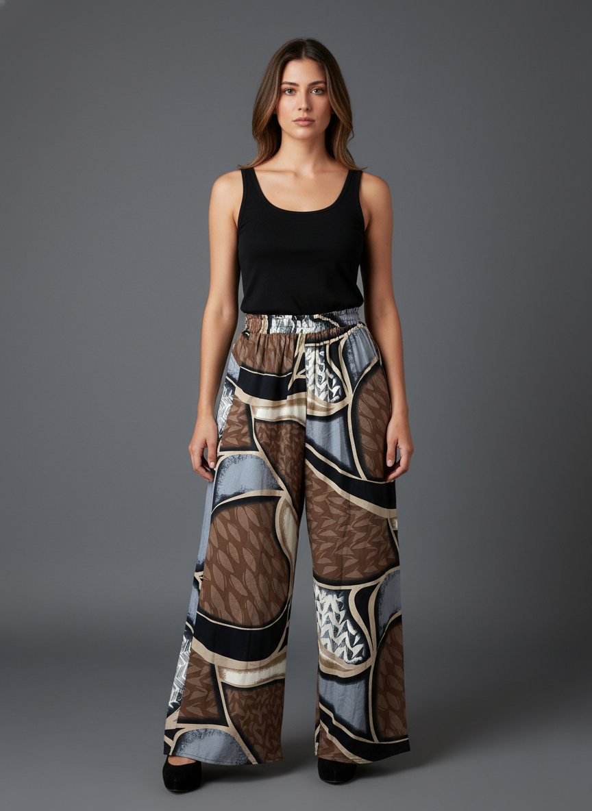 Brown & Grey Geometric Printed Palazzo Pants on Berlin