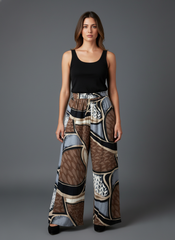 Brown & Grey Geometric Printed Palazzo Pants on Berlin