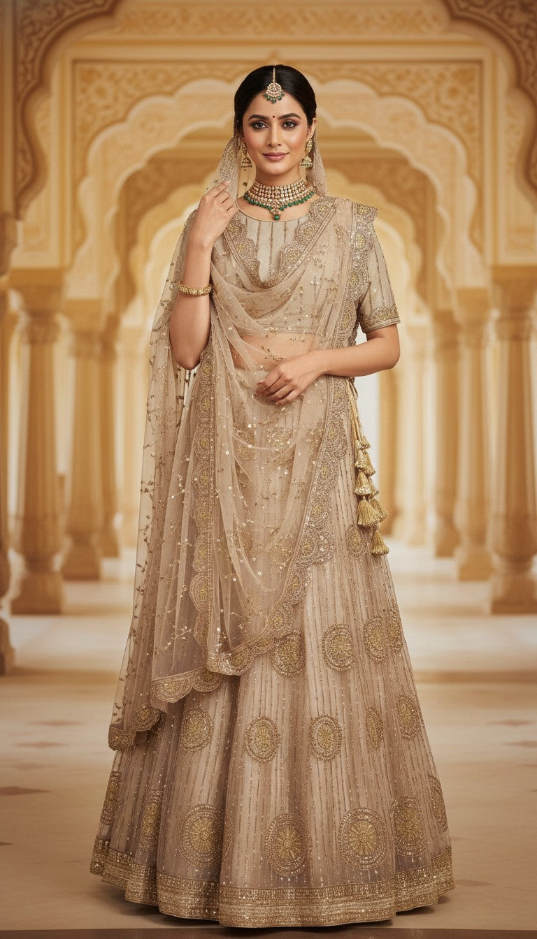 Champagne Gold Embroidered Bridal Lehenga Set with Dupatta
