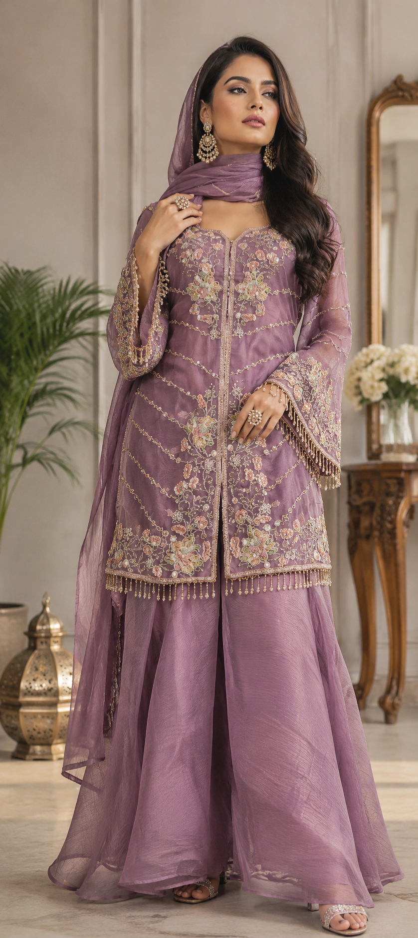 Luxury Lilac Embroidered Pakistani Designer Suit with Organza Dupatta
