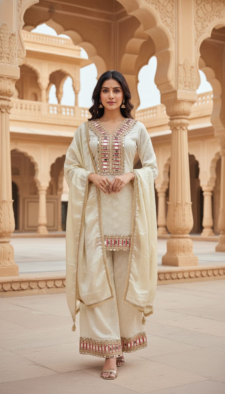 Elegant Cream Jacquard Kurta Set in Barlin Germany