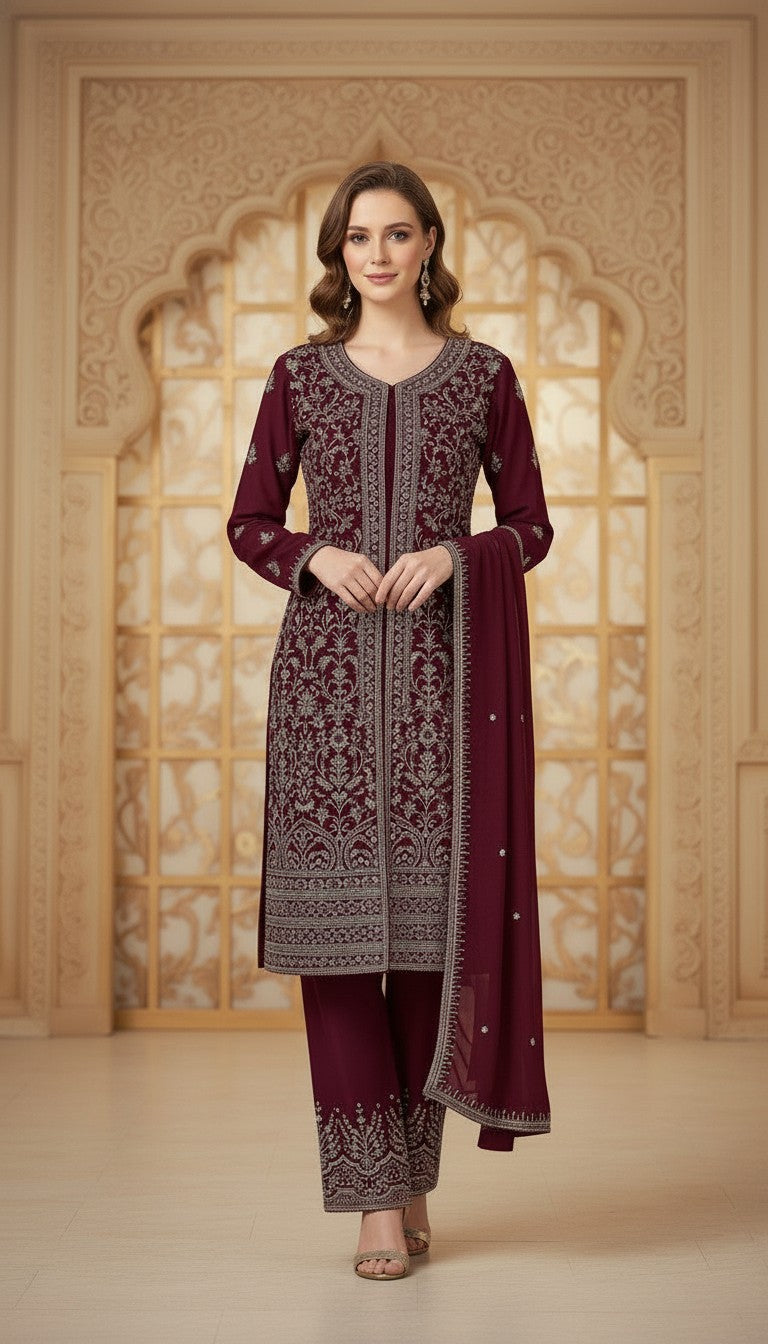 Elegant Maroon Embroidered Suit Set in Berlin Germany