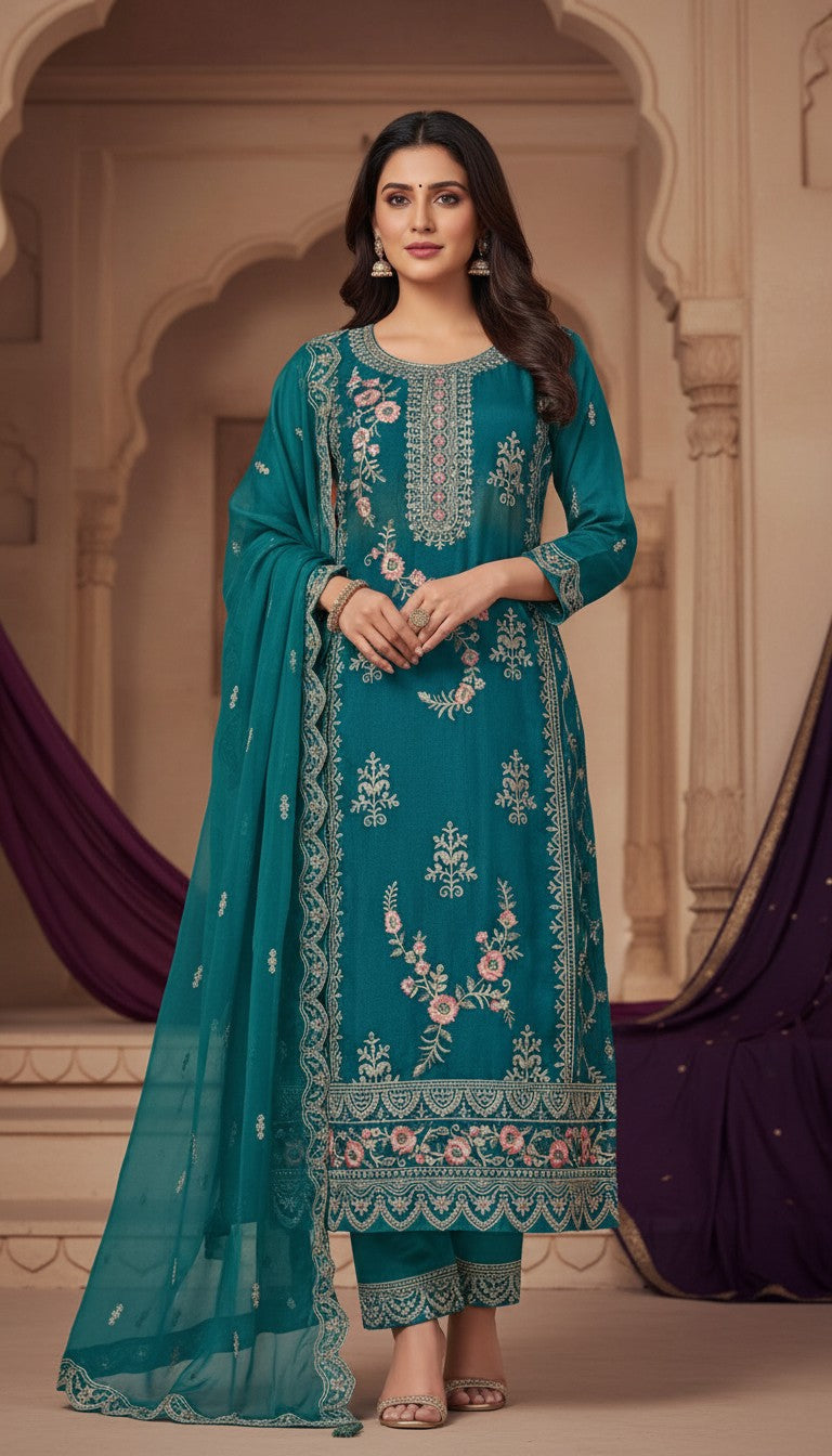 Elegant Teal Embroidered Kurta Set with Dupatta in Berlin