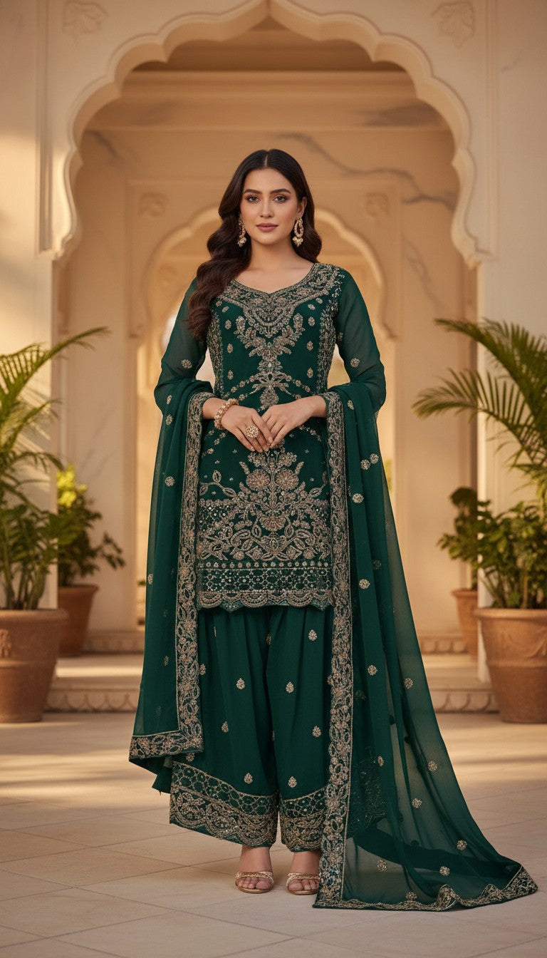 Emerald Green Heavy Embroidered Festive Sharara Suit Set
