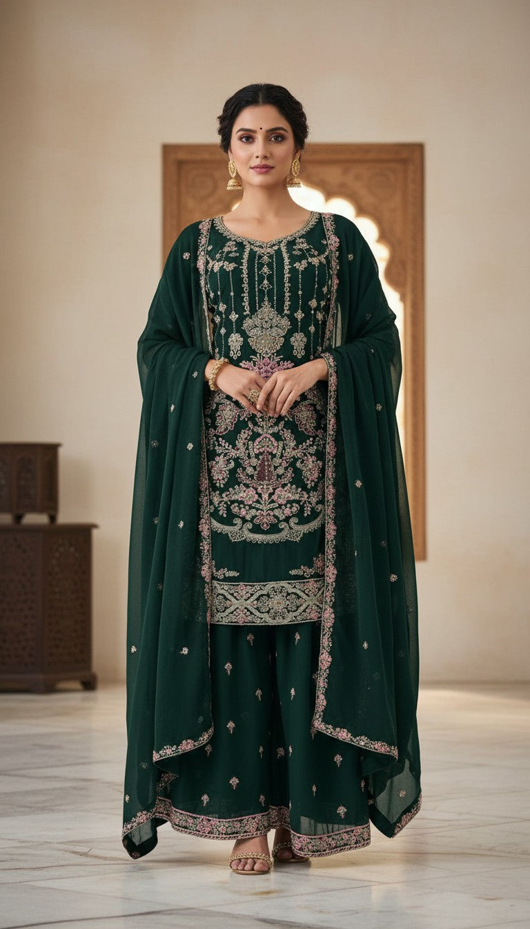 Emerald Green Heavy Embroidered Palazzo Suit Set in Germany
