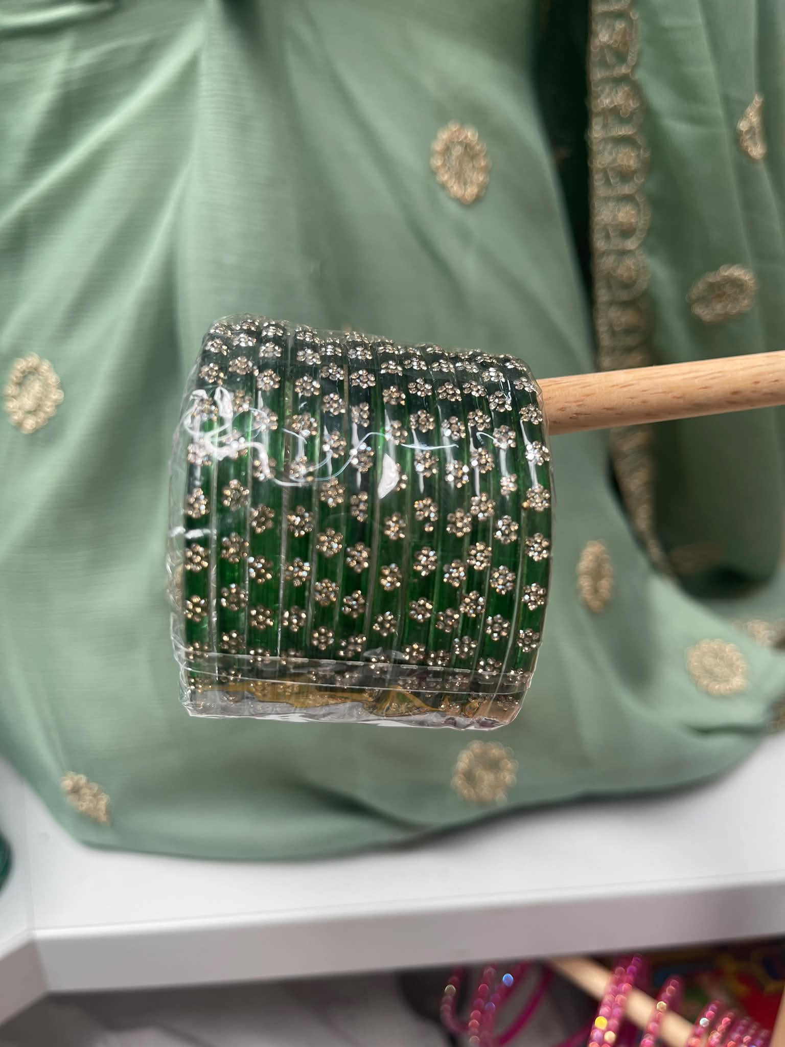 Emerald Green Stone-Studded Traditional Bangles Set