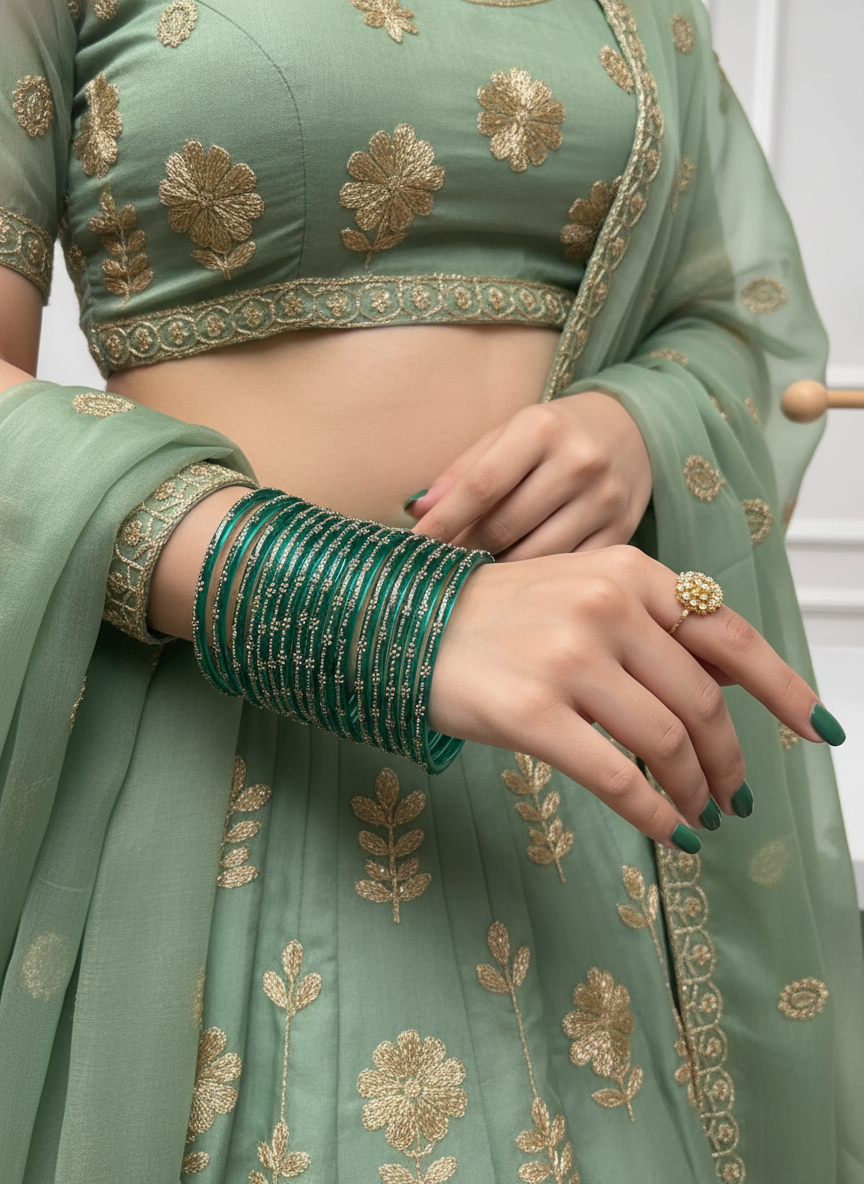 Emerald Green Stone-Studded Traditional Bangles Set