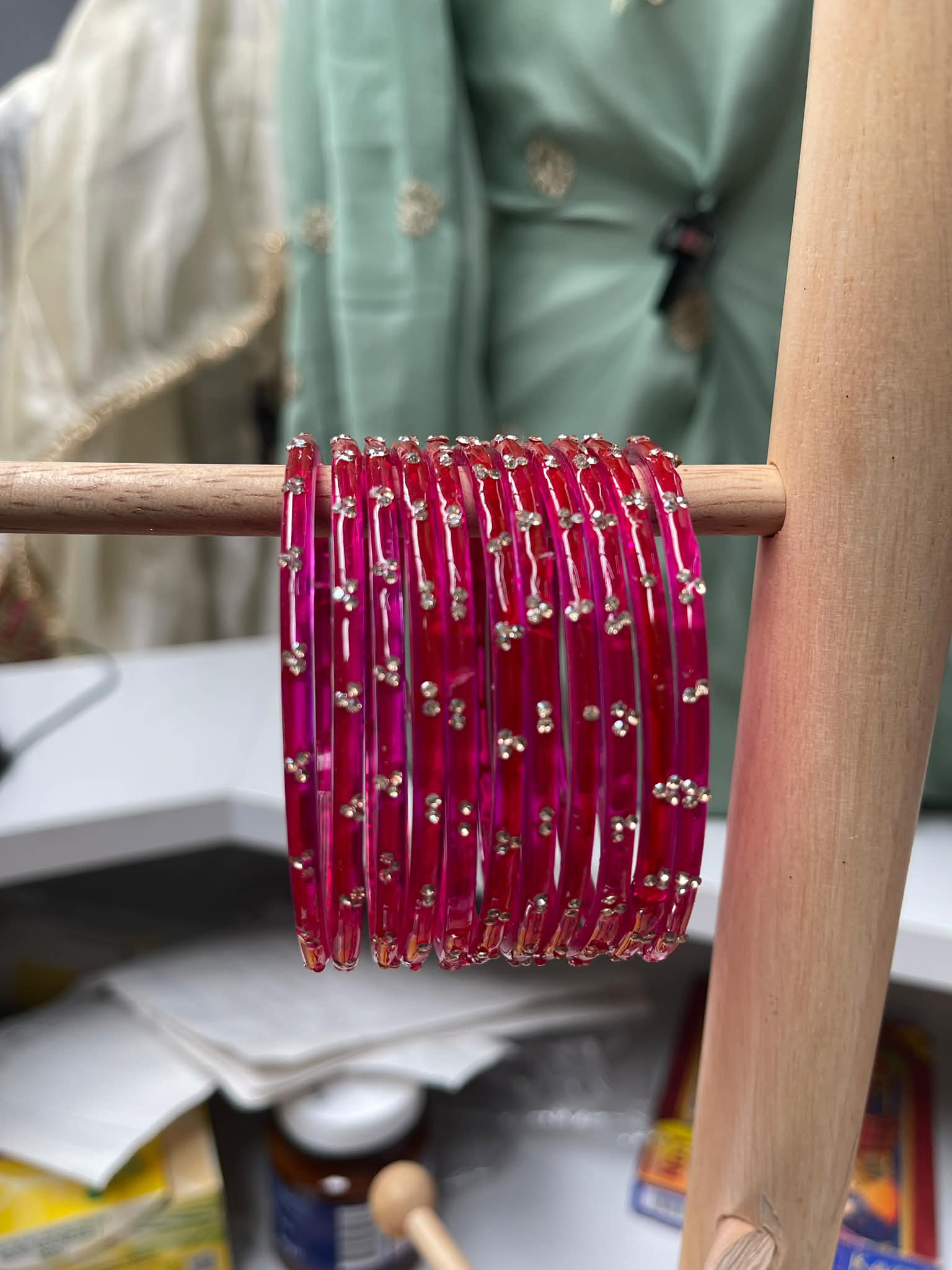 Fuchsia Pink Crystal Bangles Set