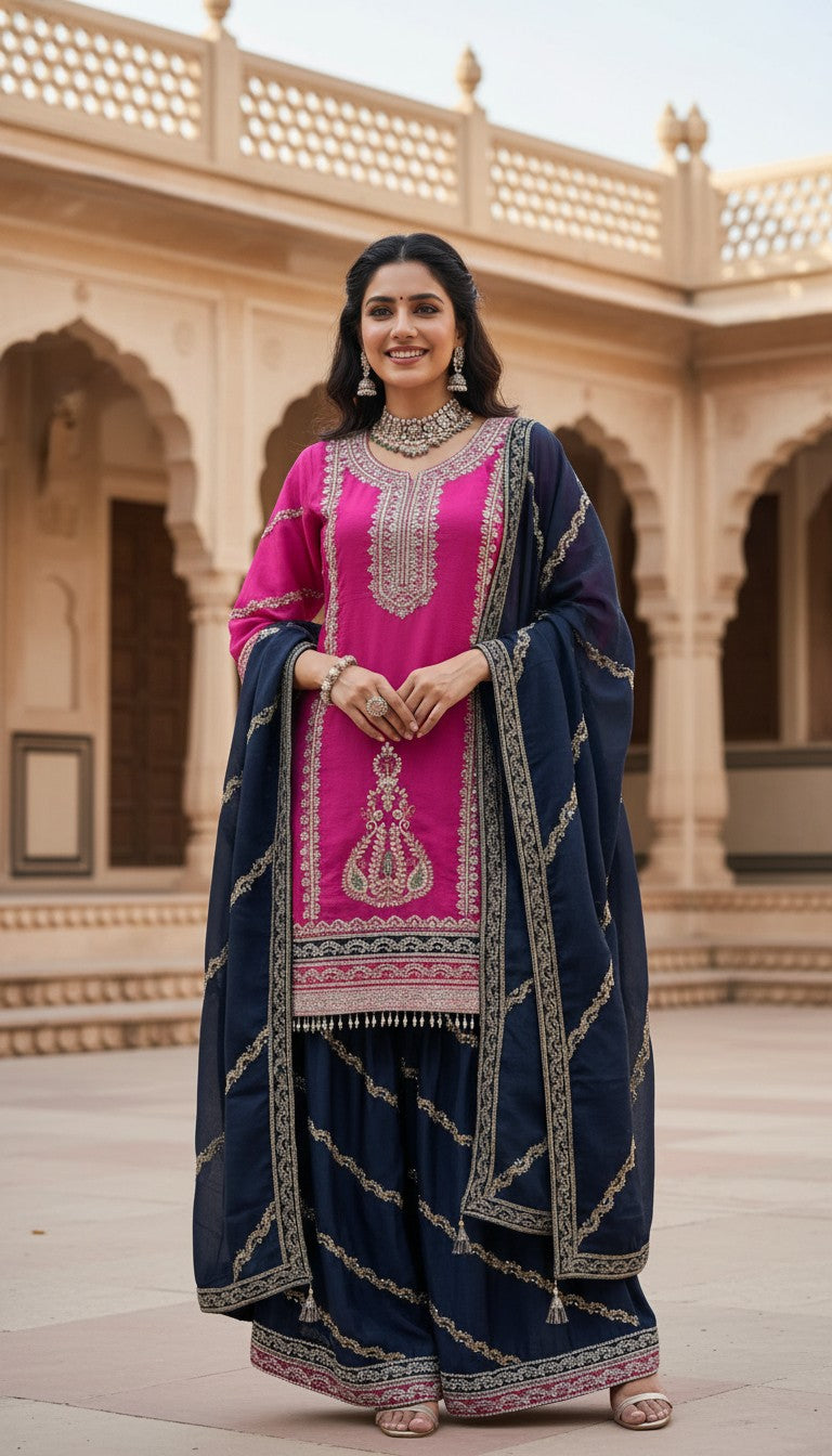 Fuchsia Pink & Navy Blue Embroidered Festive Sharara Suit Set
