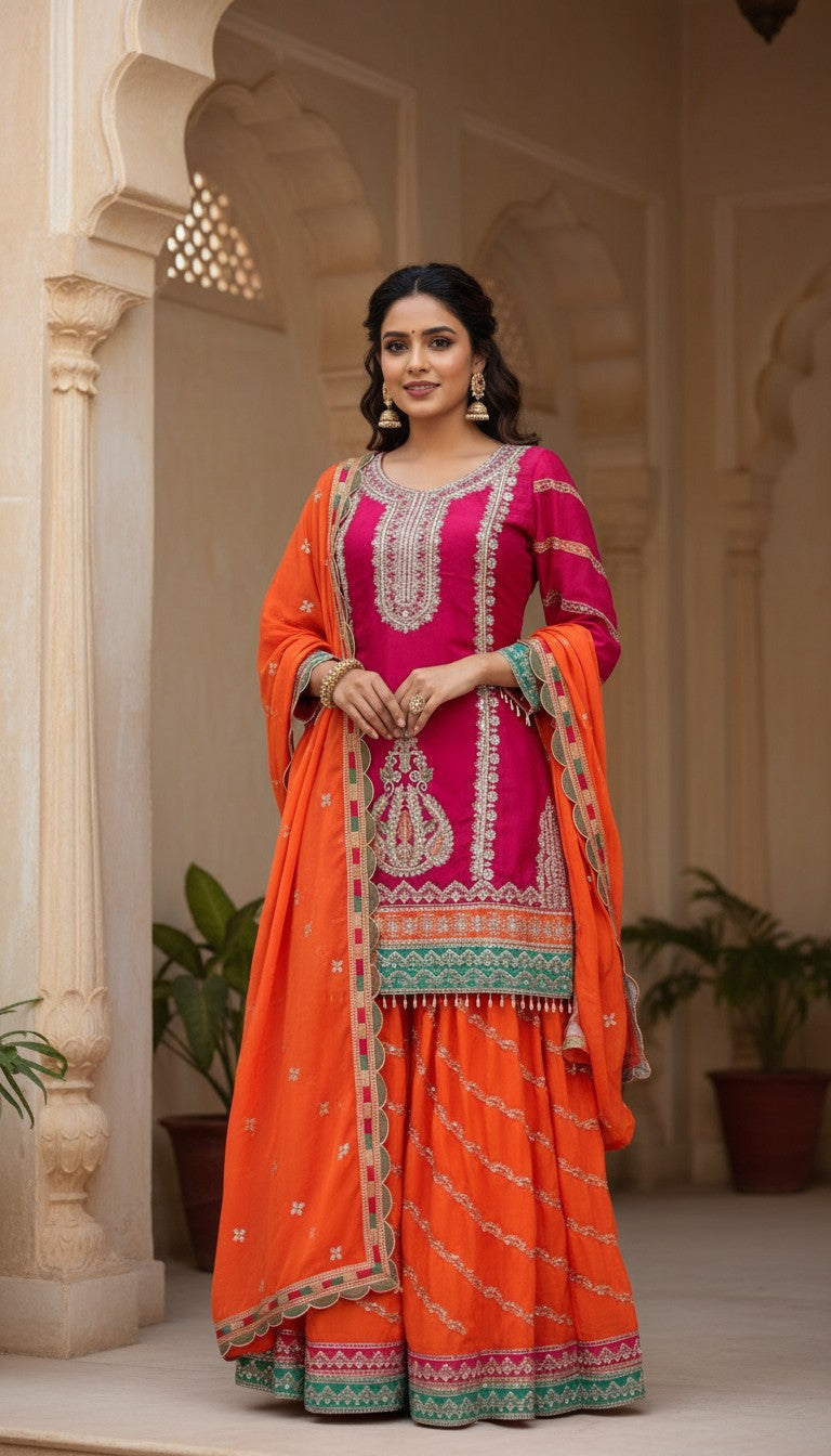 Fuchsia Pink & Orange Embroidered Festive Sharara Suit Set