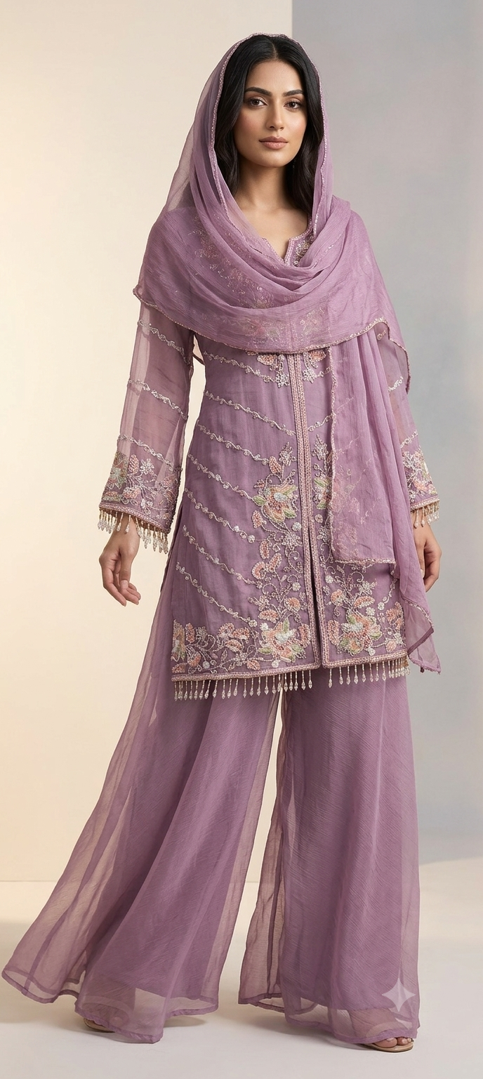 Luxury Lilac Embroidered Pakistani Designer Suit with Organza Dupatta