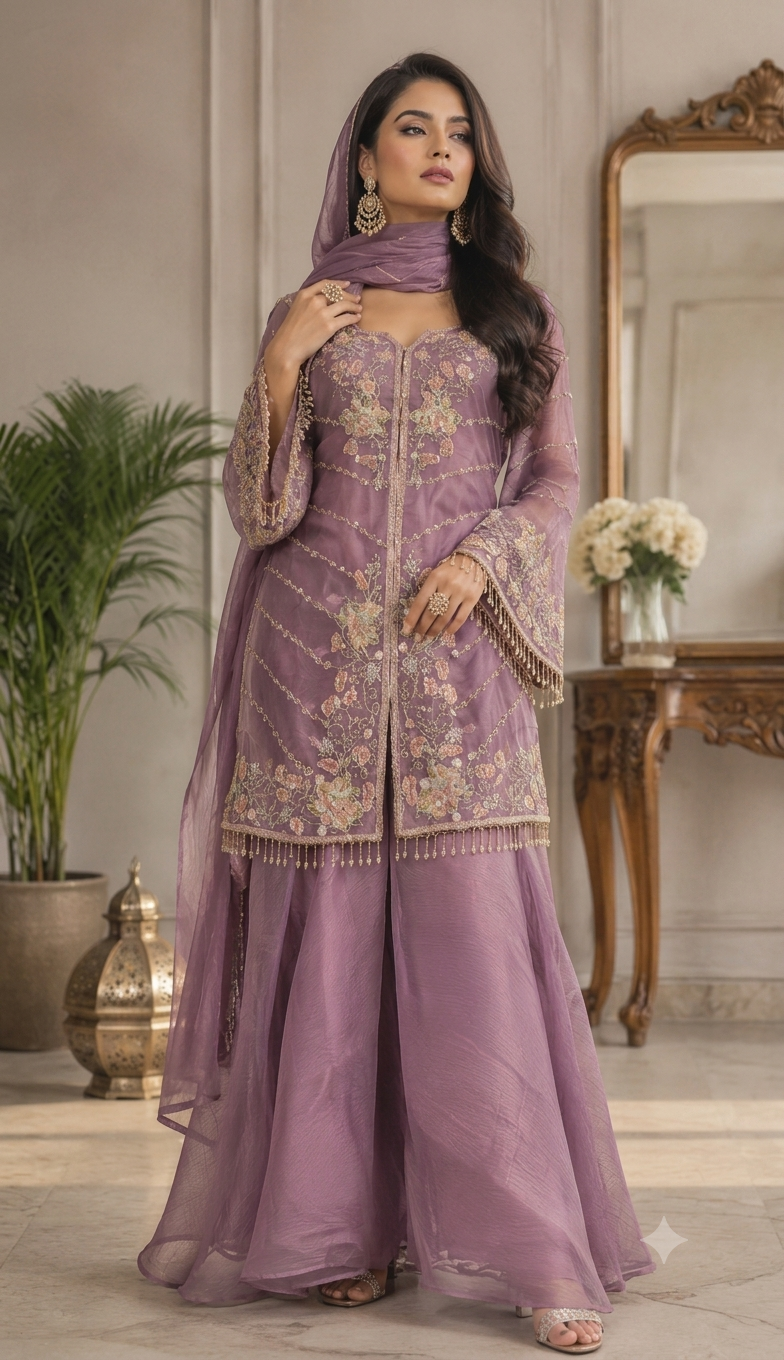 Luxury Lilac Embroidered Pakistani Designer Suit with Organza Dupatta