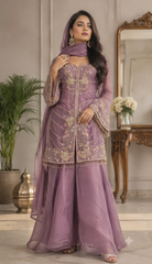 Luxury Lilac Embroidered Pakistani Designer Suit with Organza Dupatta