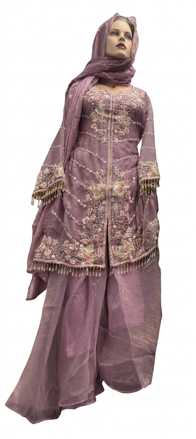 Luxury Lilac Embroidered Pakistani Designer Suit with Organza Dupatta