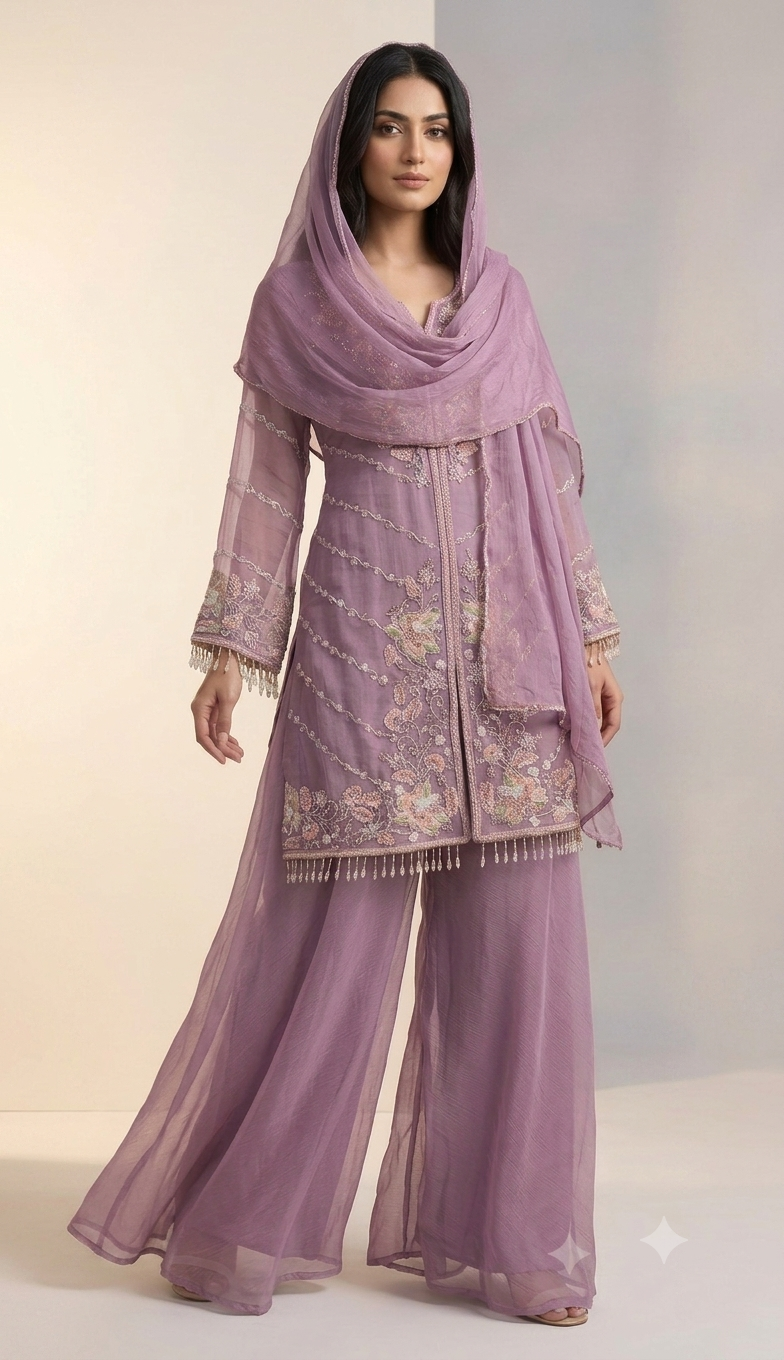 Luxury Lilac Embroidered Pakistani Designer Suit with Organza Dupatta