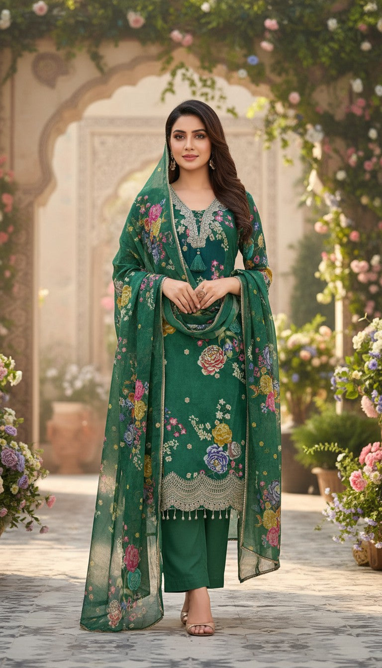 Green Floral Organza Afghani Suit Set in Berlin Germany