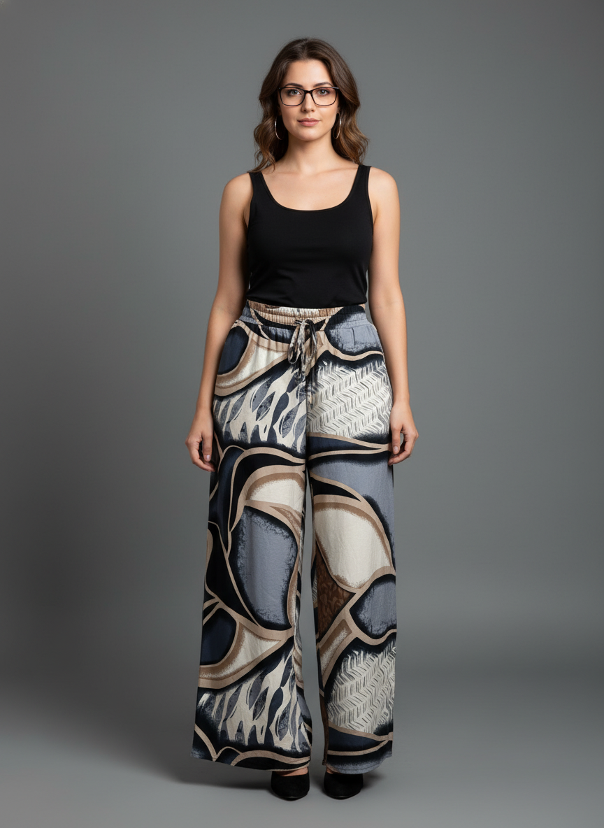 Grey & Beige Abstract Printed Palazzo Pants
