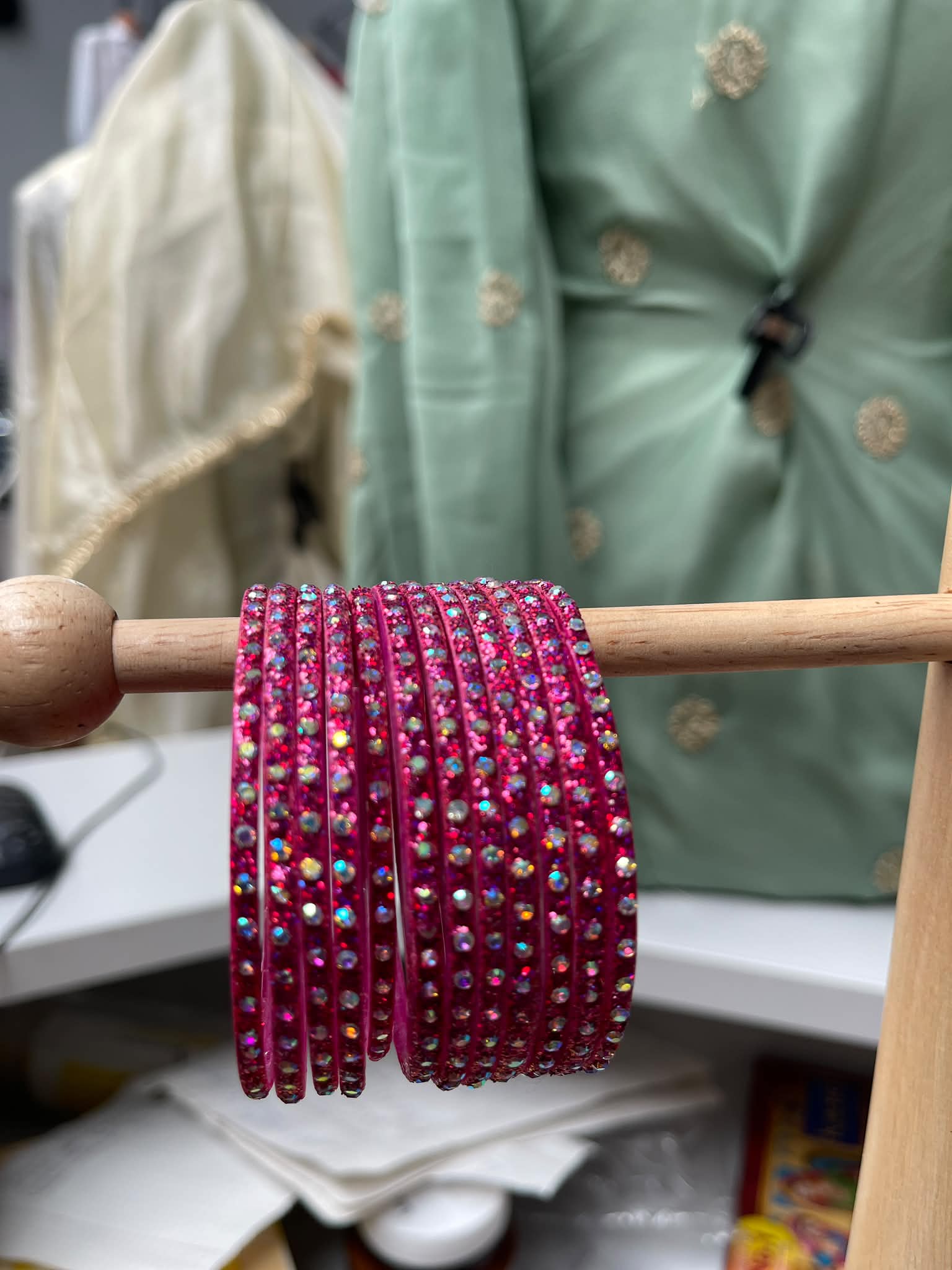 Hot Pink Glitter Stone Bangles Set