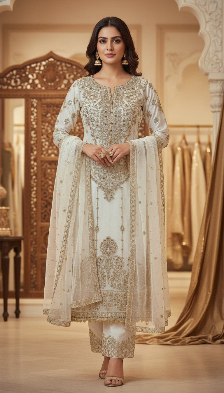 Ivory Gold Embroidered Straight Kurta Set with Organza Dupatta