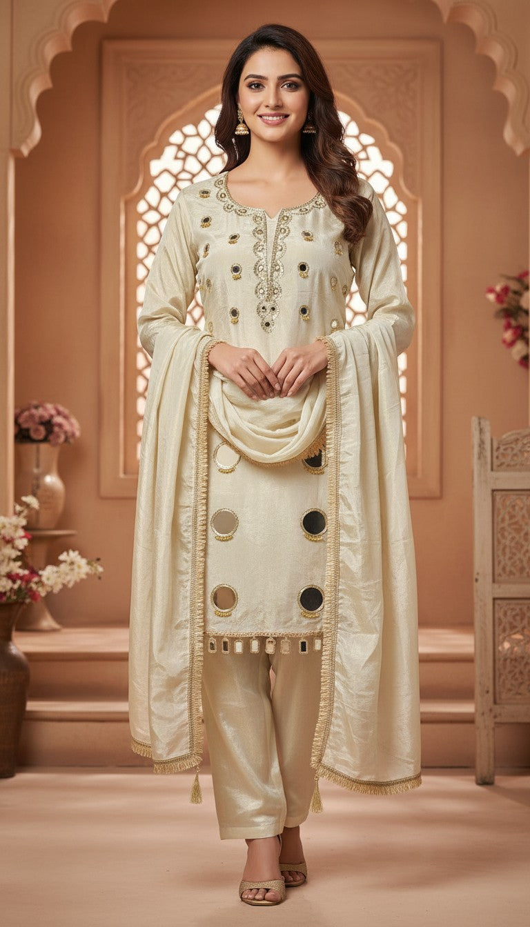 Ivory Farsi Mirror Work Tissue Suit Set in Berlin