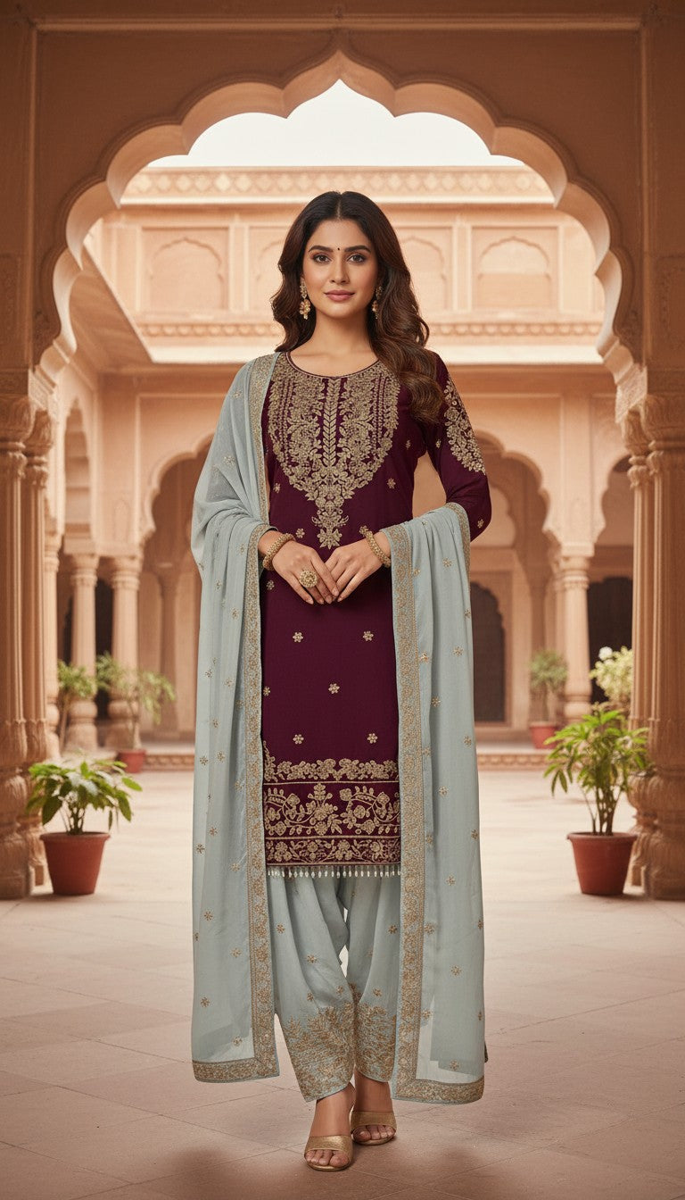 Maroon Embroidered Kurta Set in Germany