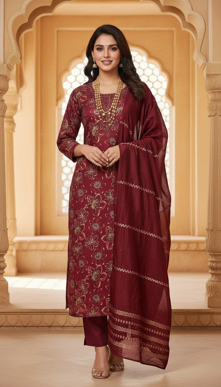 Maroon Floral Embroidered Kurta Set in Berlin
