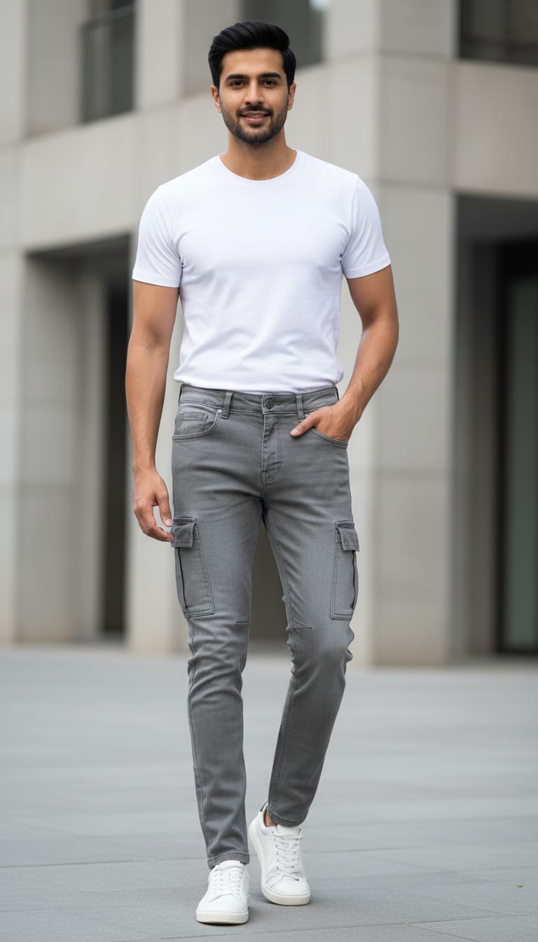 Men’s Grey Slim Fit Cargo Denim Jeans in Berlin