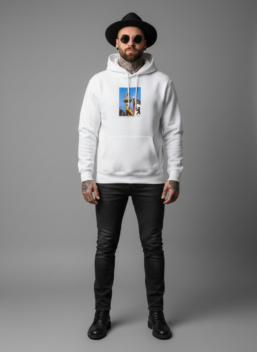 Men’s White Urban Graphic Pullover Hoodie in Berlin