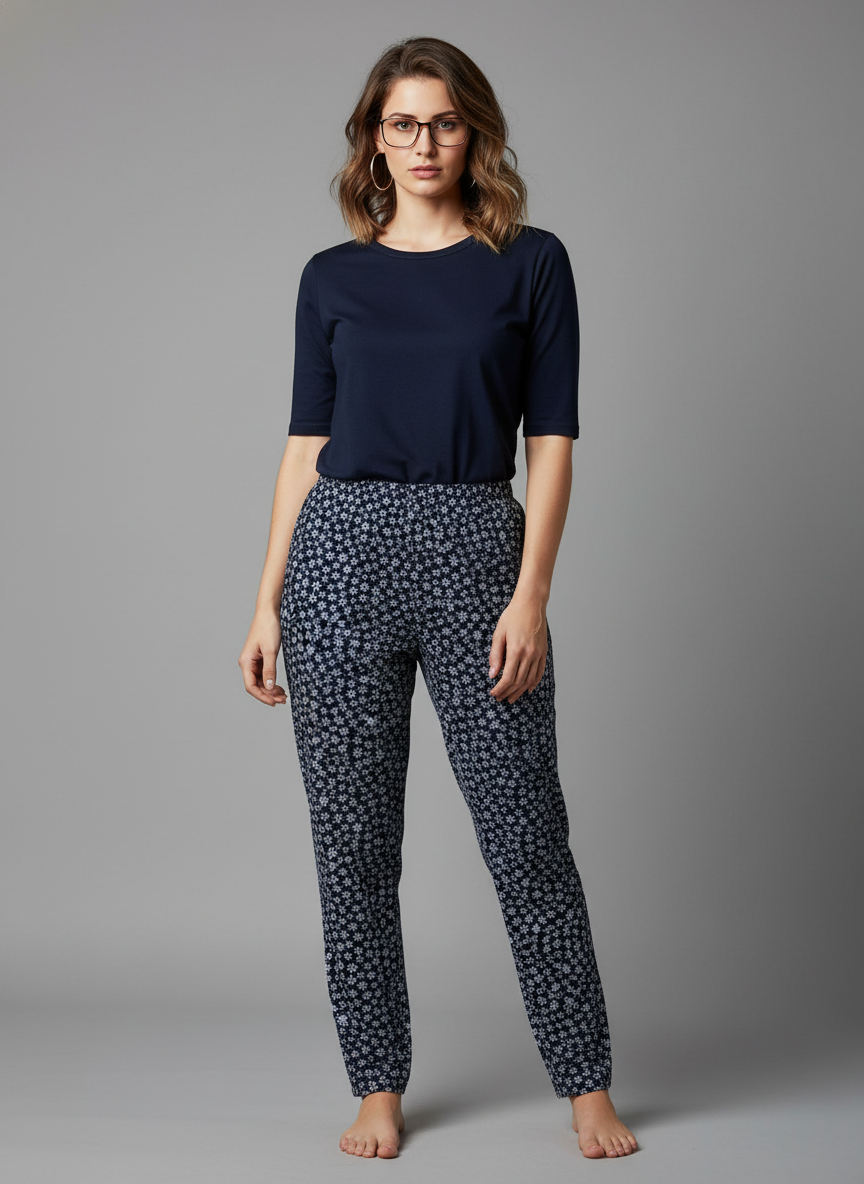 Navy Blue Floral Printed Straight Fit Palazzo Pants