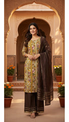 Olive Floral Printed Kurta Set in Germany