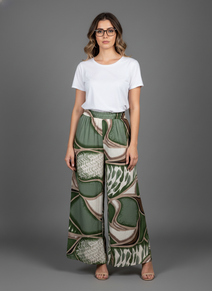 Olive Green Abstract Design Palazzo Pants