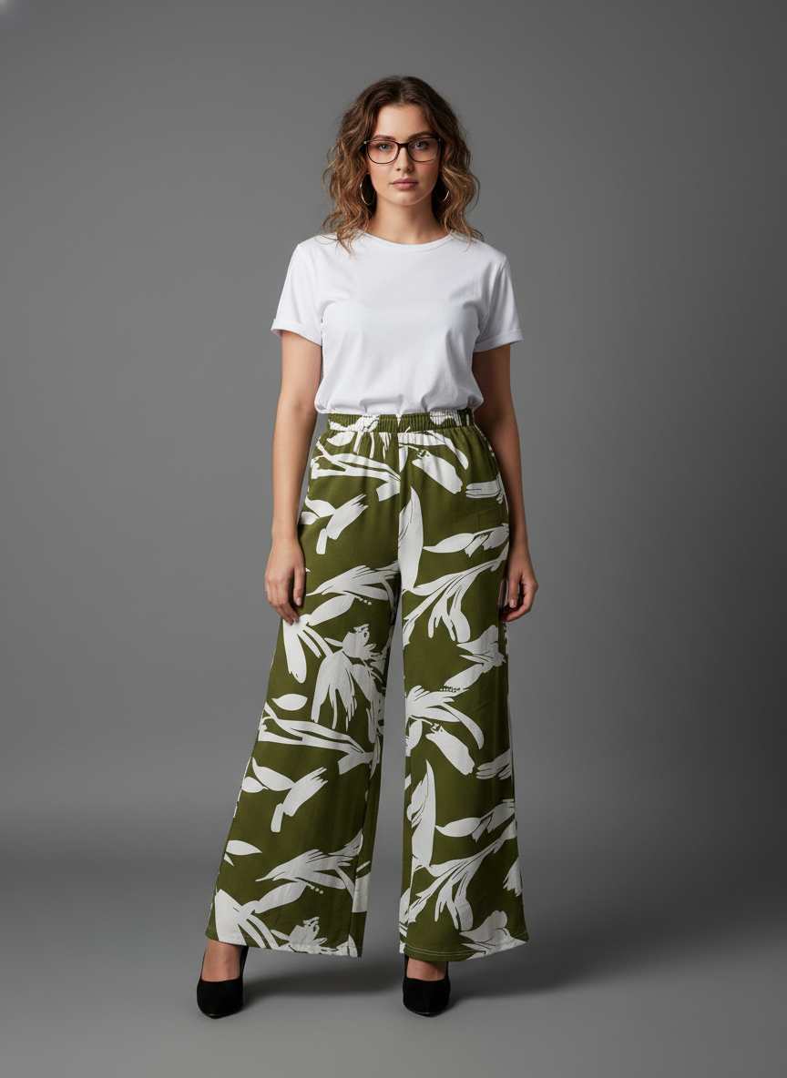 Olive Green Tropical Printed Palazzo Pants