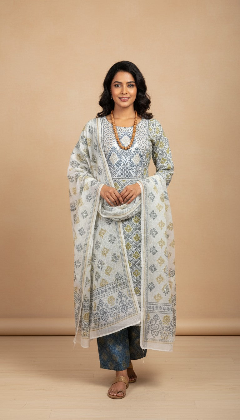 Pastel Grey Printed Cotton Kurta Set with Dupatta in Berlin