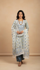Pastel Grey Printed Cotton Kurta Set with Dupatta in Berlin