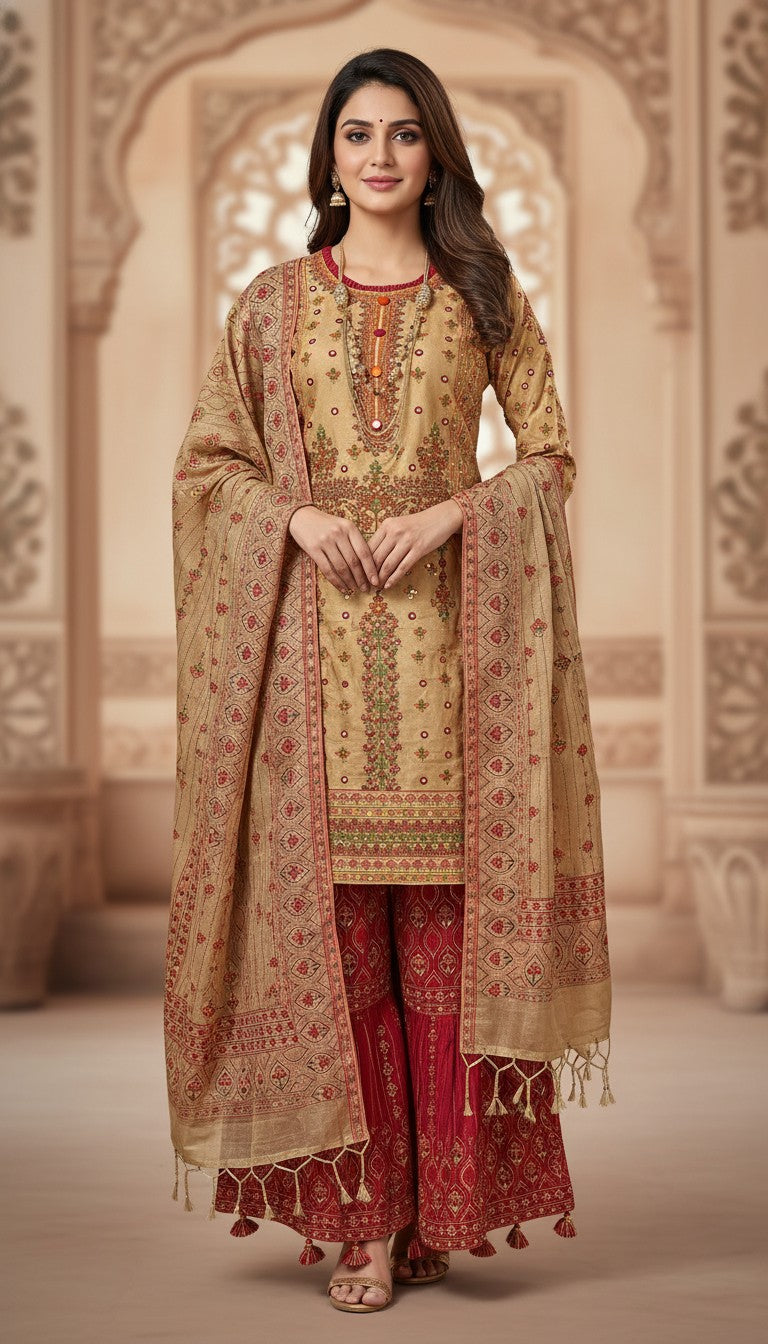 Royal Beige & Maroon Embroidered Suit Set in Berlin Germany
