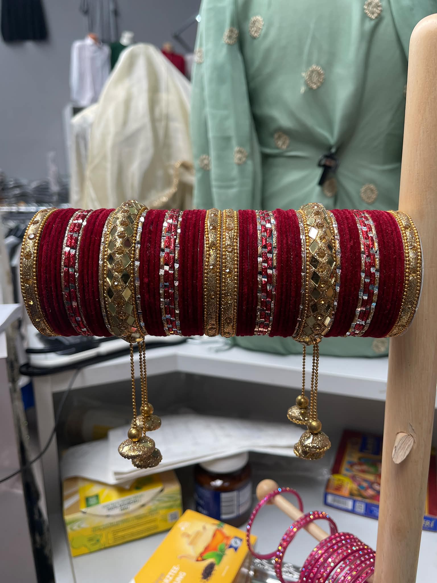 Royal Maroon Velvet Bridal Chura Set with Mirror Work & Latkan