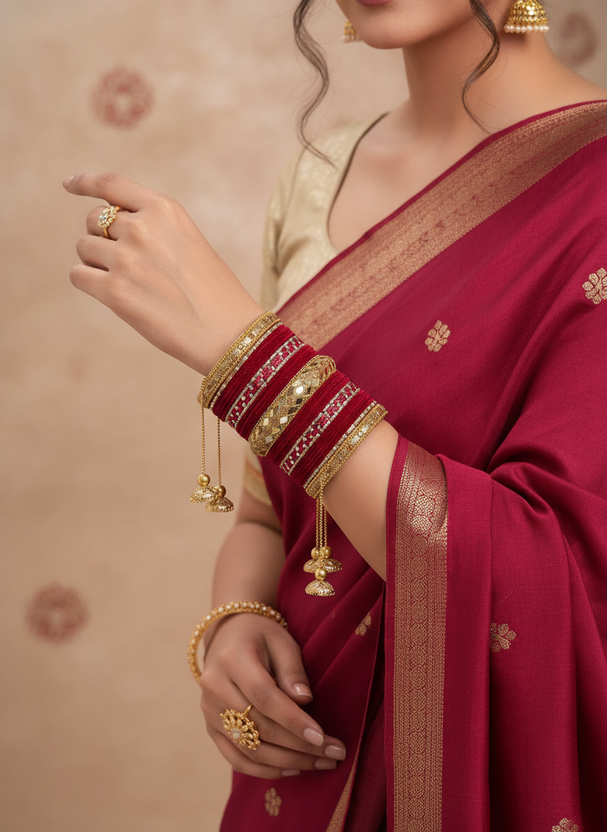 Royal Maroon Velvet Bridal Chura Set with Mirror Work & Latkan