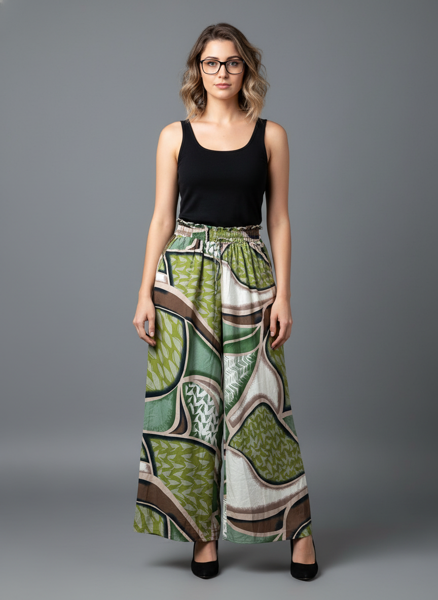 Sage Green Geometric Design Printed Palazzo Pants in Berlin