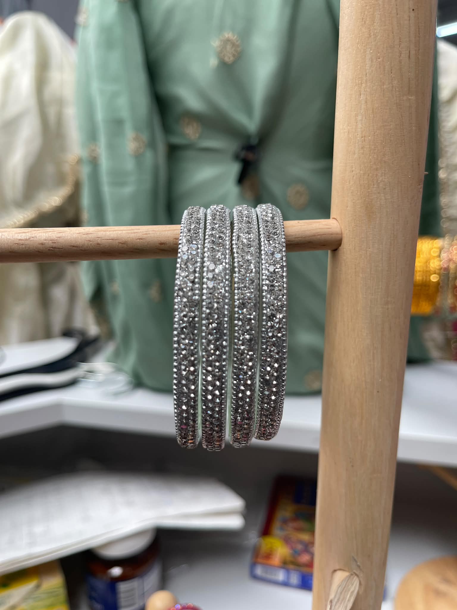 Silver Glitter Crystal Bangles Set