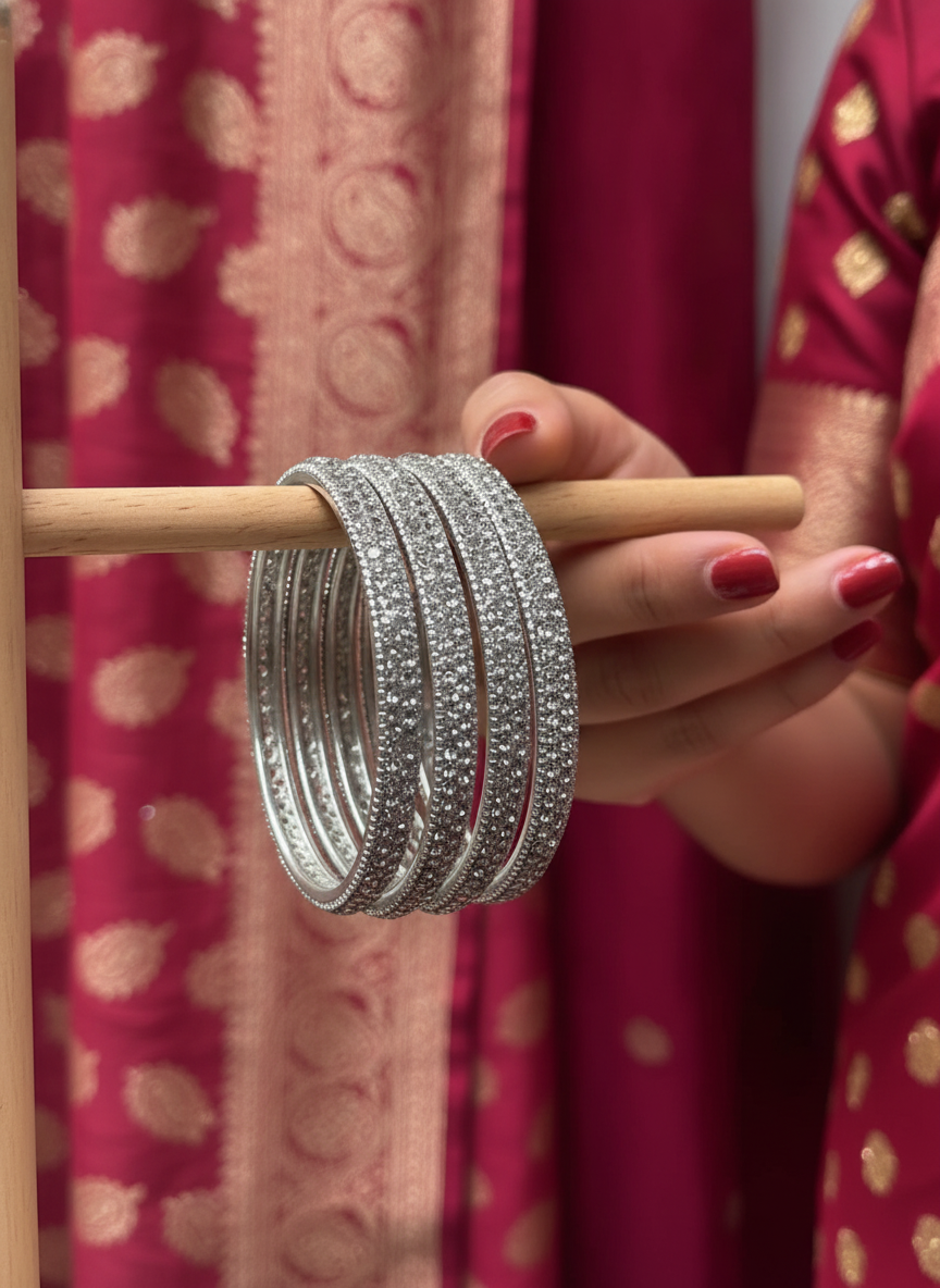 Silver Glitter Crystal Bangles Set