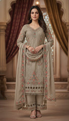 Taupe Floral Embroidered Kurta Set with Designer Dupatta