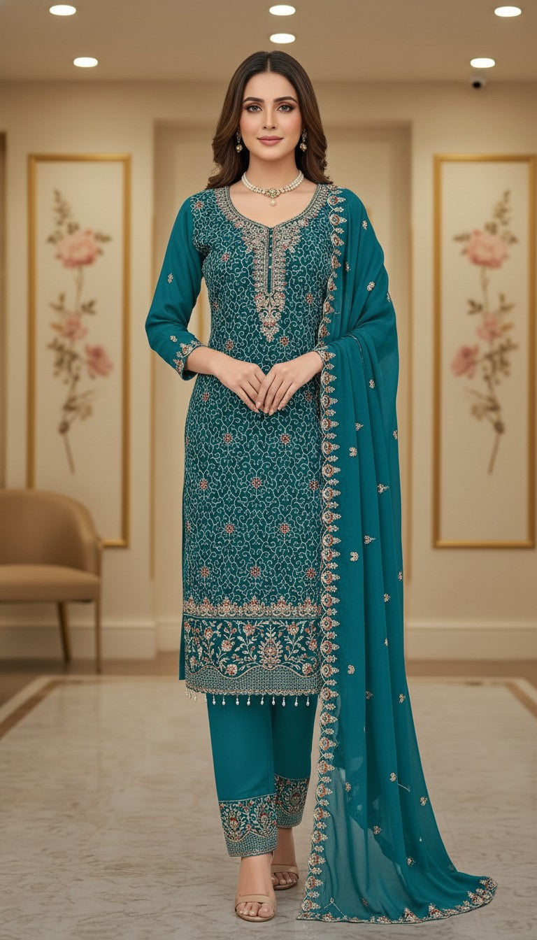 Teal Green Embroidered Straight Kurta Set with Dupatta