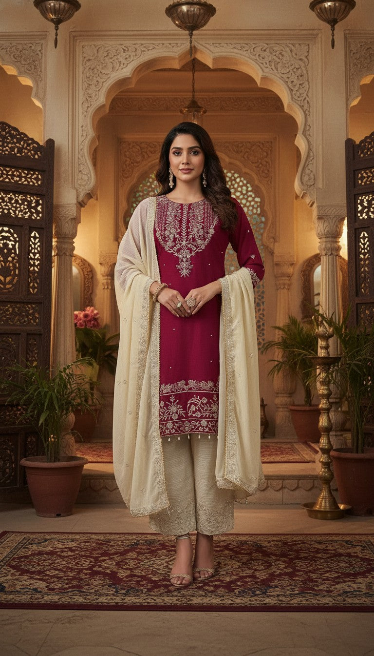 Wine Red Embroidered Kurta Set in Berlin