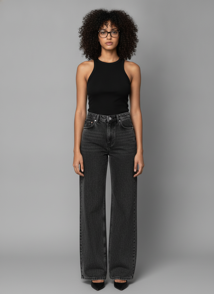 Women's Charcoal Grey High-Rise Wide Leg Denim Jeans